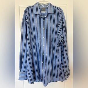 Thomas Dean Mens 2XL Blue Striped Shirt Flip Cuff Long Sleeve Button Up $95